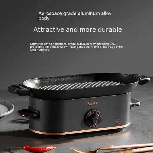 Mini electric barbecue plate grill with titanium black finish, measuring 350cm long, for smoke-free indoor cooking