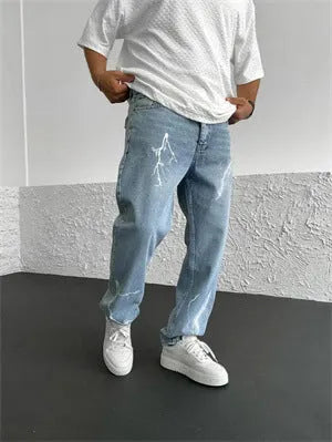 Men's blue straight-leg denim trousers with mid-waist design and zipper fly closure