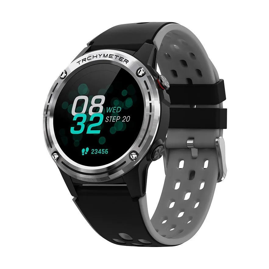 GPS smart watch with a square blue silicone strap on a wrist