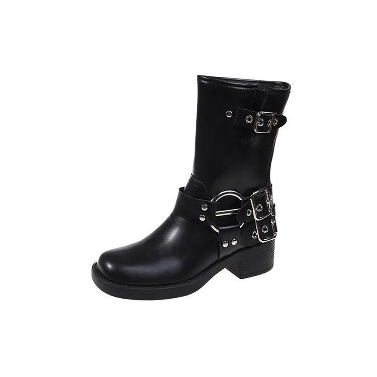 British platform women's boots with belt buckle in black or brown colours, middle calf length