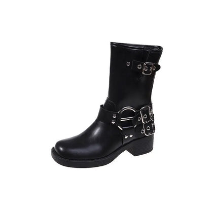 British platform women's boots with belt buckle in black or brown colours, middle calf length