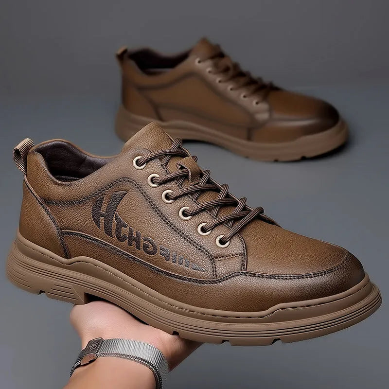 Men's black and khaki leather business shoes with round toe, front tie, and low rubber sole