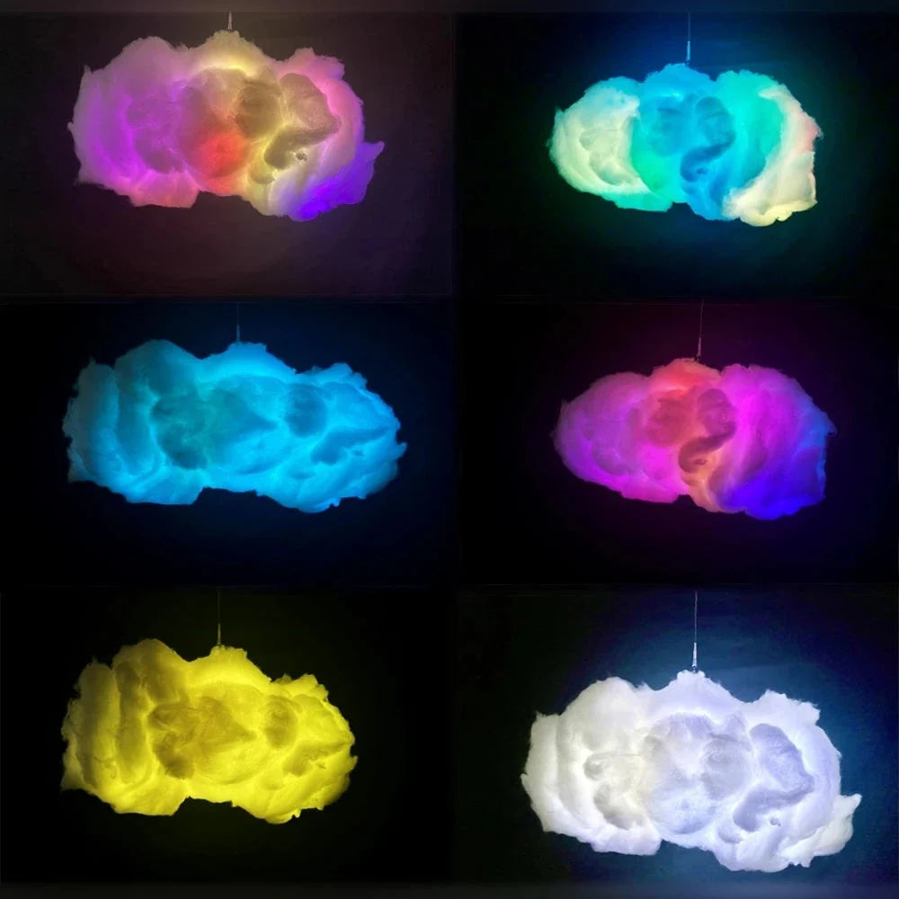Magical cloud-shaped lighting fixture with color-changing LED lights and wireless music sync capability