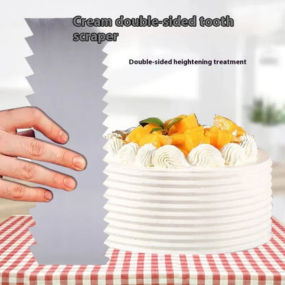 Stainless steel cream scraper with polygon patterns for cake decorating showing six different texture options