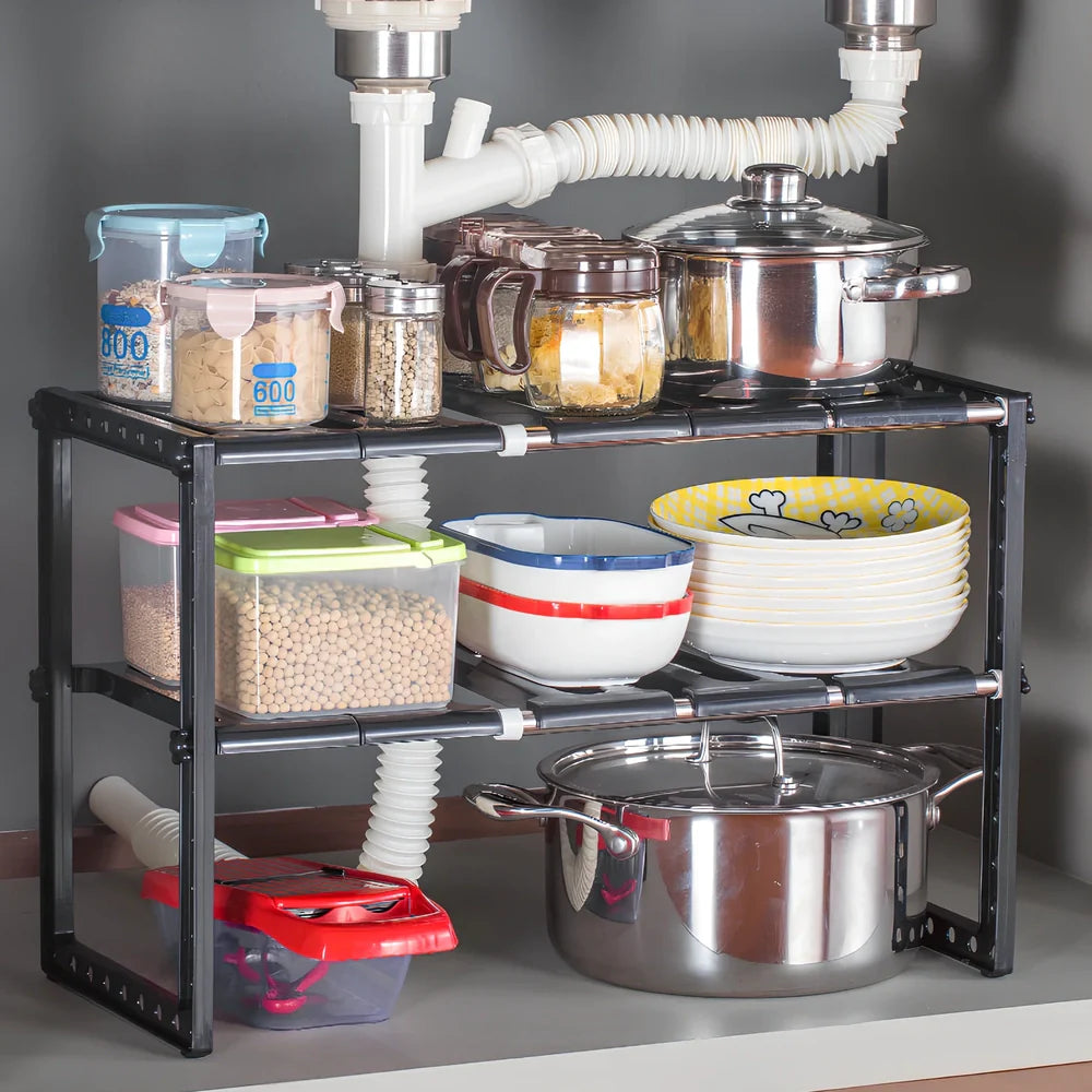 White retractable kitchen shelf with two tiers and adjustable length from 36cm to 70cm