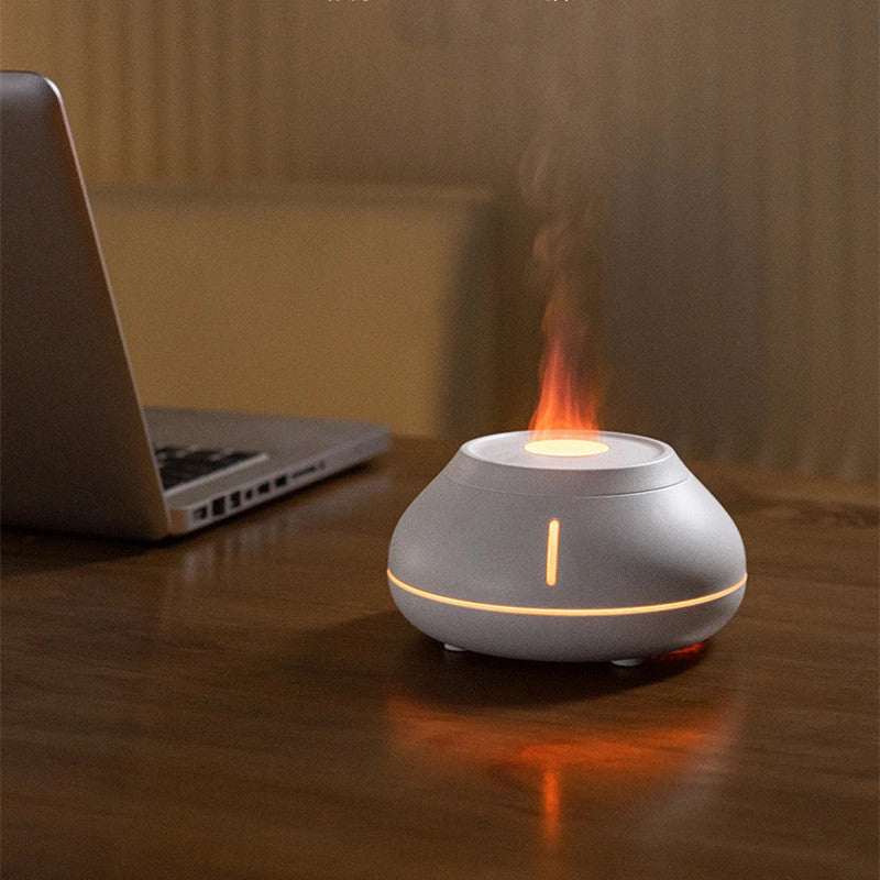 Soothing aroma diffuser with realistic flame-like humidification effect and color-changing LED lights for home and office use