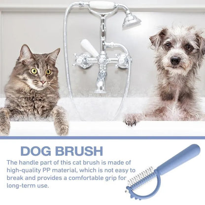 Blue dinosaur-shaped self-cleaning slicker brush for pet grooming on white background