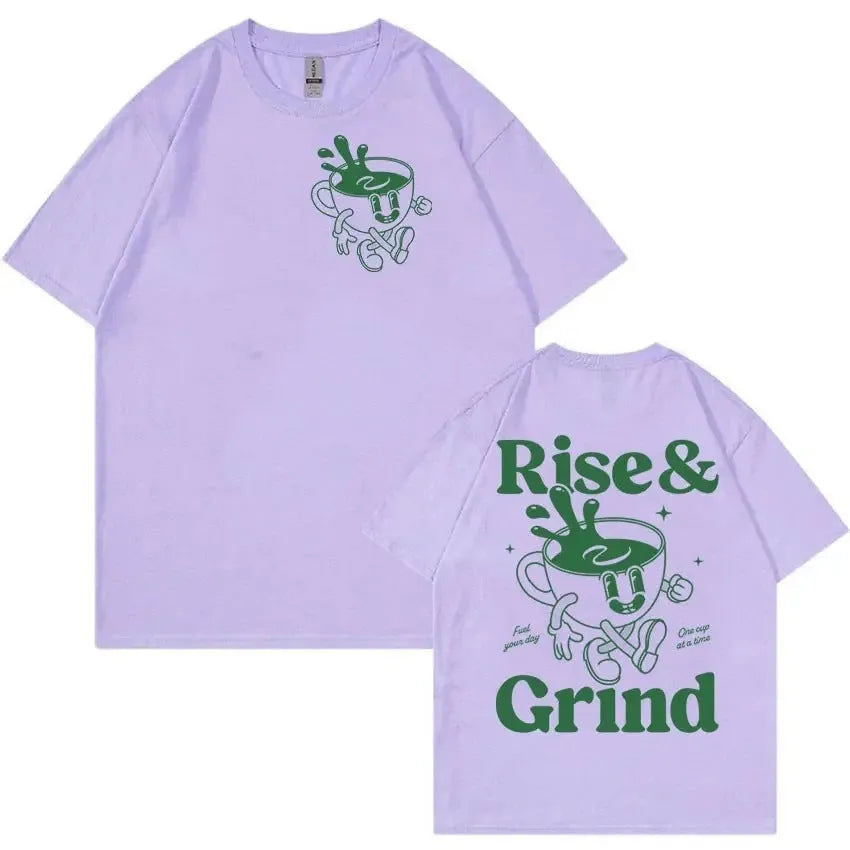Man wearing a loose linen t-shirt with a printed Rise And Grind Green Coffee cartoon illustration.