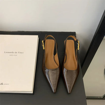 Pointed toe leather shoes with thin straps and low heel in four colour options