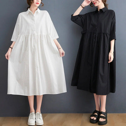 Chic casual loose dress in white and black colors with polo collar and short sleeves, made of premium linen fabric for a relaxed and comfortable fit
