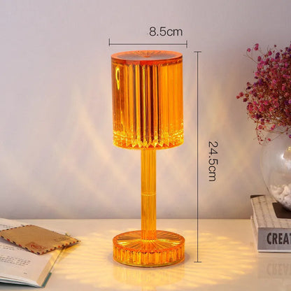 Crystal table lamp with K9 crystal shade and touch dimmable LED lighting on wooden table
