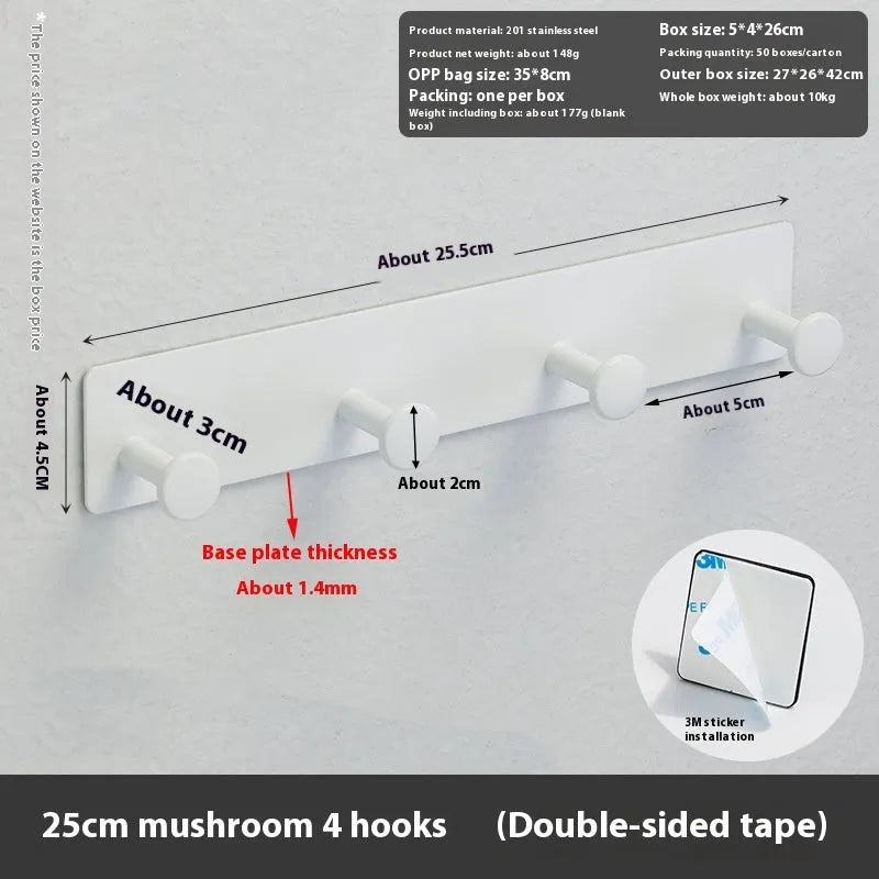 Screwless mushroom-style clothes hook with adhesive backing, shown in white on a tiled wall.