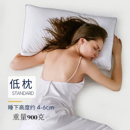 White cotton satin stripe pillow with feather-cotton filler in 900g, 1000g, or 1100g weights and 45x65cm, 48x74cm, 50x80cm sizes