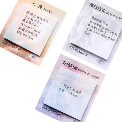 Square 7.3cm sticky notes with oil painting planet designs including Earth, Mars, Mercury, Pluto, and moon variations