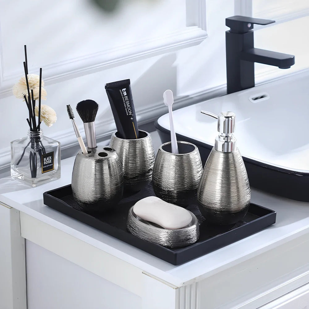 Handmade brushed ceramic five-piece bathroom set in silver with modern design