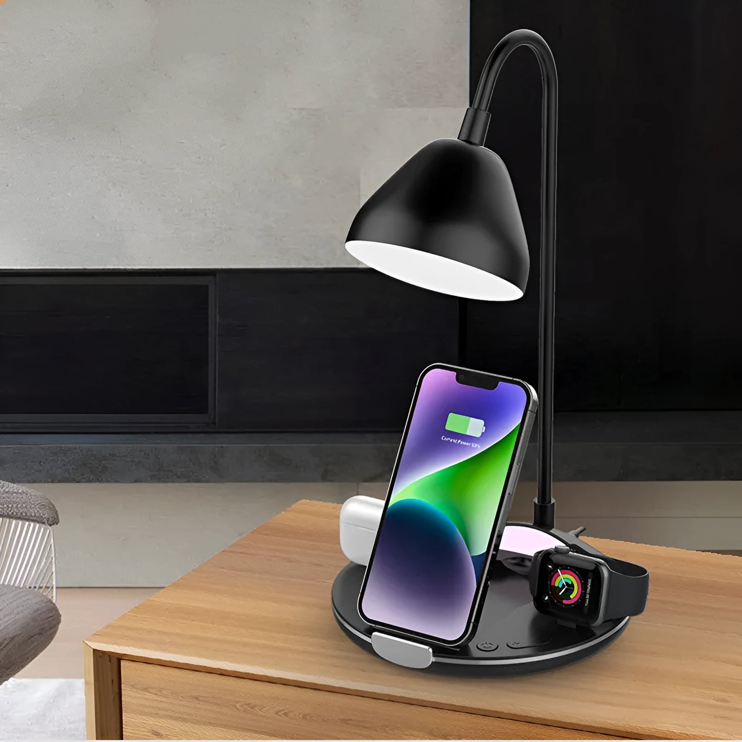 Black and white magnetic folding wireless charger with USB cable showing folded and extended positions