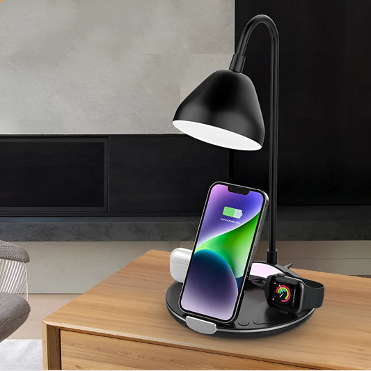 Black and white magnetic folding wireless charger with USB cable showing folded and extended positions