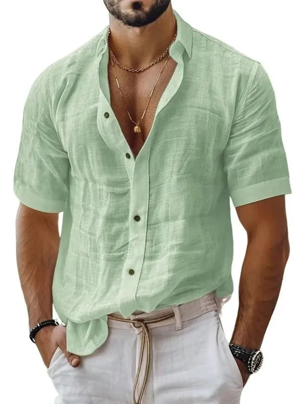 Men's short sleeve lapel shirt in cotton linen blend available in multiple solid colours