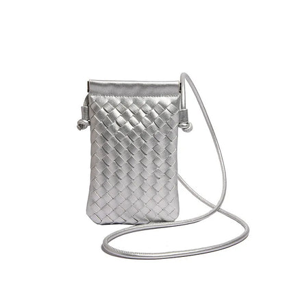 Vertical square vintage weave crossbody bag in multiple colours showing internal dark cell phone pocket.