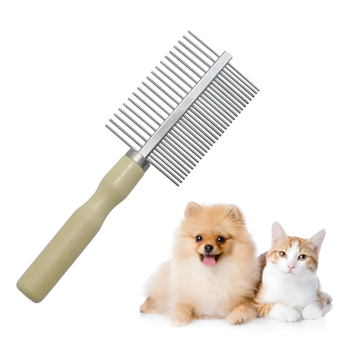 Wooden handle pet grooming comb with rounded needles for dogs and cats on a neutral background
