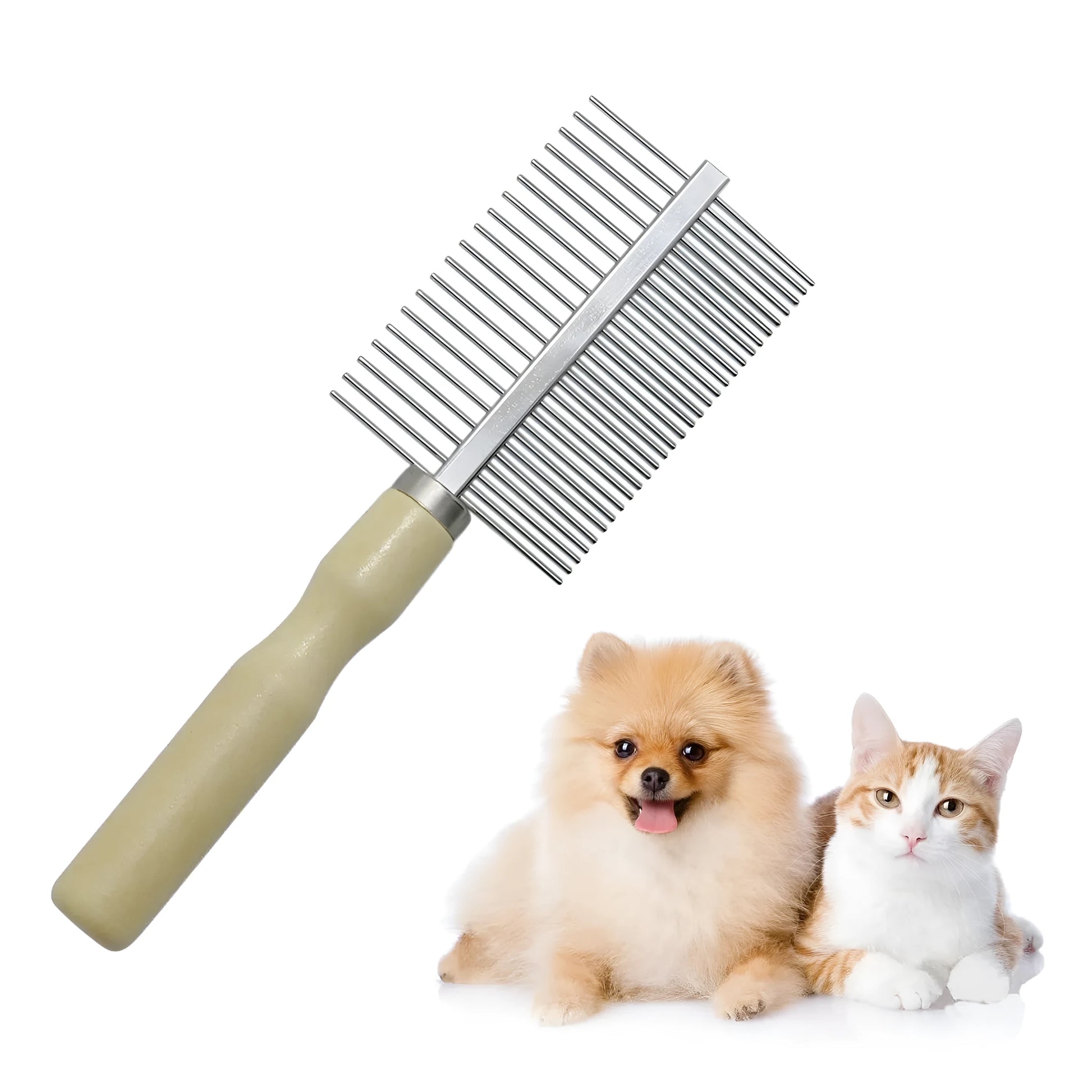 Wooden handle pet grooming comb with rounded needles for dogs and cats on a neutral background