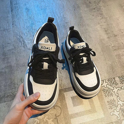 Women's black and khaki star round head heightening sneakers with rubber sole