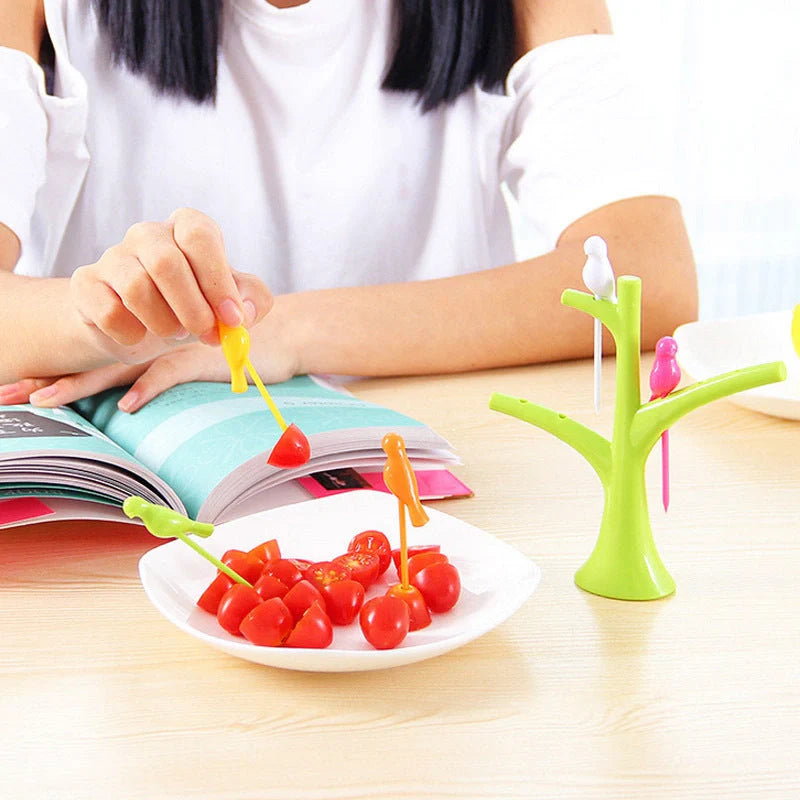 Colorful plastic fruit fork set for kids with tree and birds design