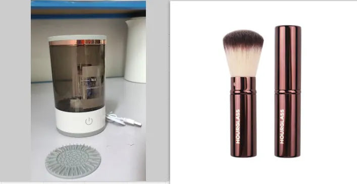 Grey and white portable electric makeup brush cleaner with USB charging cable.
