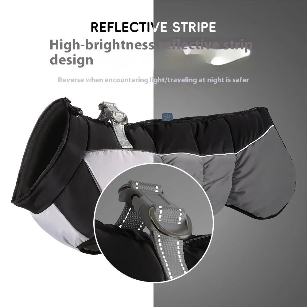 A large dog wearing a black waterproof winter coat with reflective strips, showing sizes XL to 6XL available.