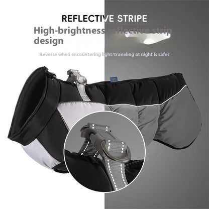 A large dog wearing a black waterproof winter coat with reflective strips, showing sizes XL to 6XL available.