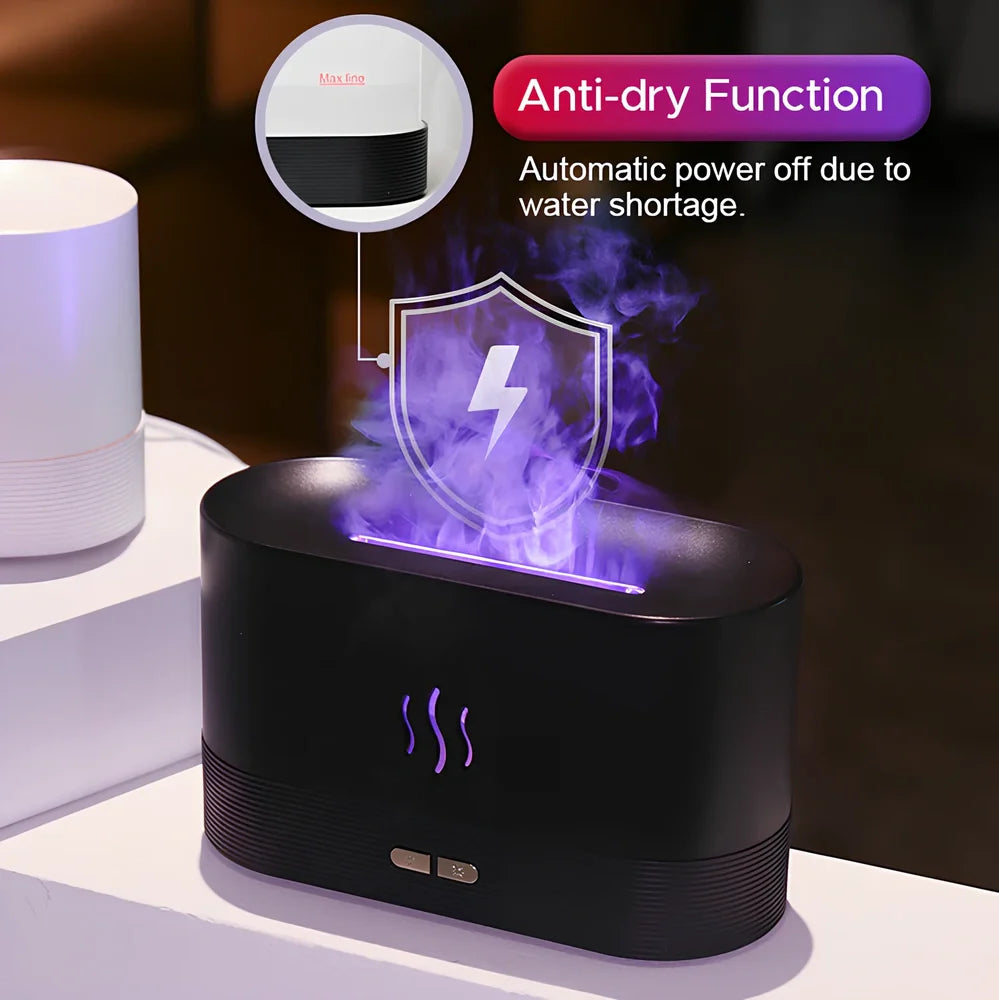 USB ultrasonic flame humidifier with colour-changing LED flame effect and mist output