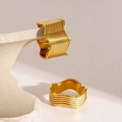 Stainless steel geometric wave ring with 8mm wide band and electroplated finish