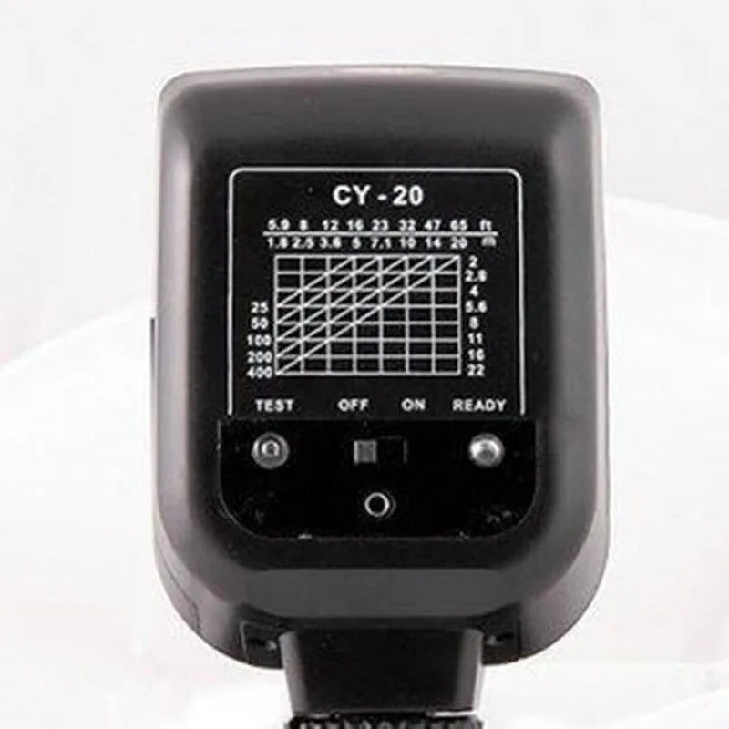 SLR camera flash unit accessory with adjustable 90-degree tilt and GN20m guide number for compatible DSLR cameras, offering 60x40 degree coverage with 5-7 second recycle time using two AA batteries or rechargeable cells