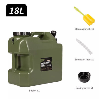 Army green portable water storage barrel with faucet, 18-liter capacity, square shape
