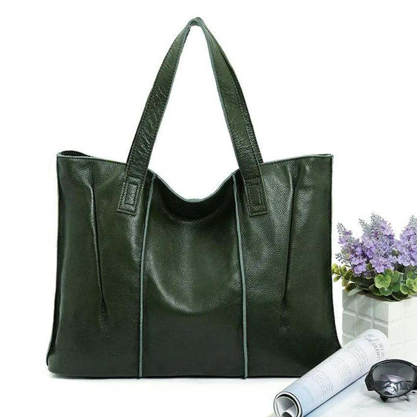 Top grain leather single shoulder tote bag in apricot with stitching and patchwork, soft genuine leather, women's daily wear bag.