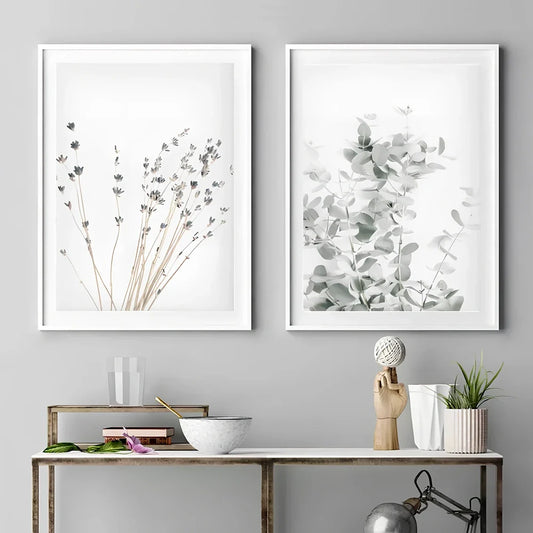 Frameless canvas painting with detailed flower, grass and leaf botanical patterns in Nordic style