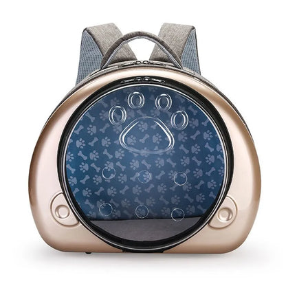 Transparent space capsule cat carrier with metallic front cover in choice of rose gold, silver, or champagne gold
