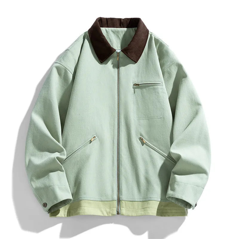 Korean-style loose fit couple jacket with contrast colour lapels and side seam pockets in polyester fabric