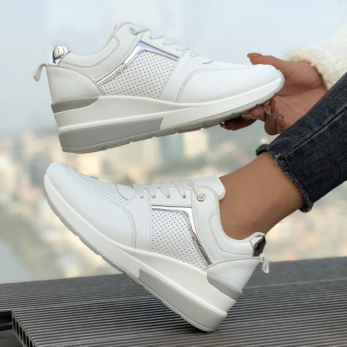 Women's white PU leather wedge platform sports shoes with front lace-up closure.