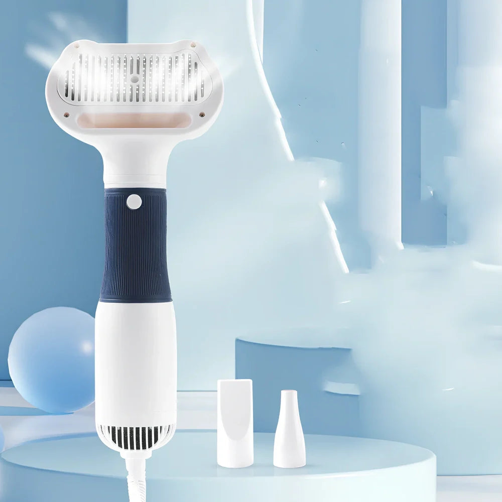 Grey electric pet grooming comb with hair removal function, 29cm length with two wind head attachments