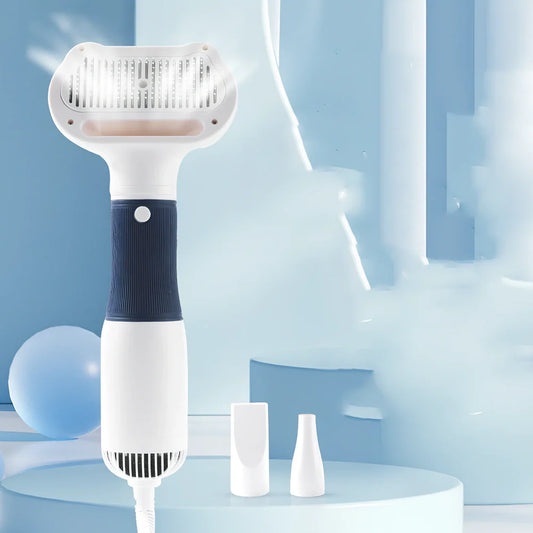 Grey electric pet grooming comb with hair removal function, 29cm length with two wind head attachments