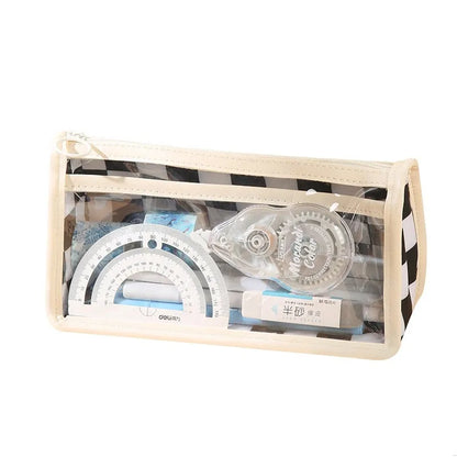 Chessboard pattern transparent PVC pencil case showing 21.5cm length with stationery items visible inside
