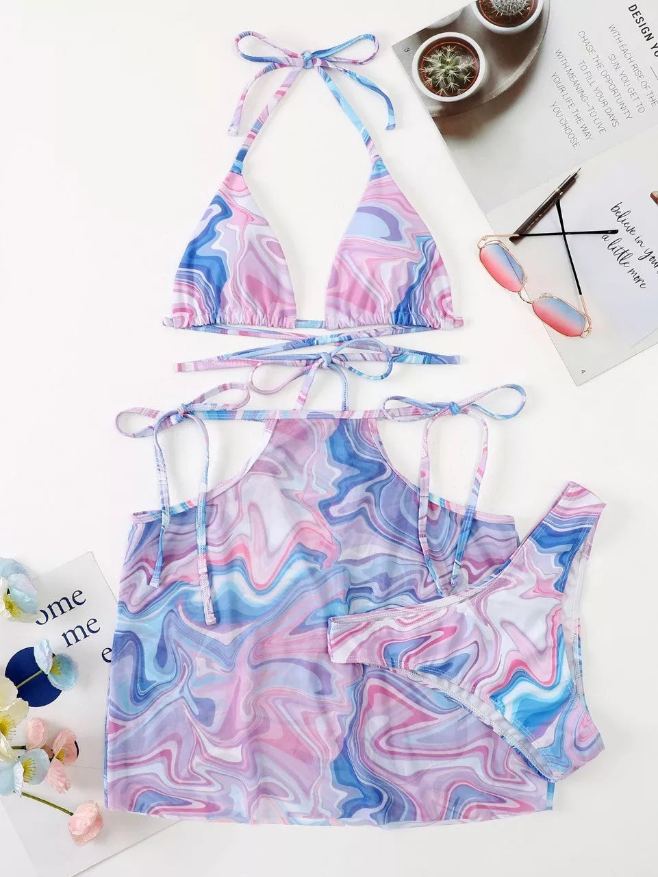 Lavender bikini 3-piece beach skirt set for women, includes top, bottom, and skirt