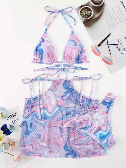 Lavender bikini 3-piece beach skirt set for women, includes top, bottom, and skirt