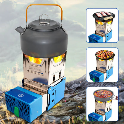 Light blue portable wood-burning camping stove with one-piece furnace body for outdoor cooking