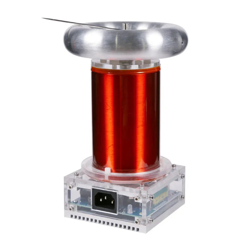 Music Tesla coil driver board with controller, cables, and glowing electrical arcs