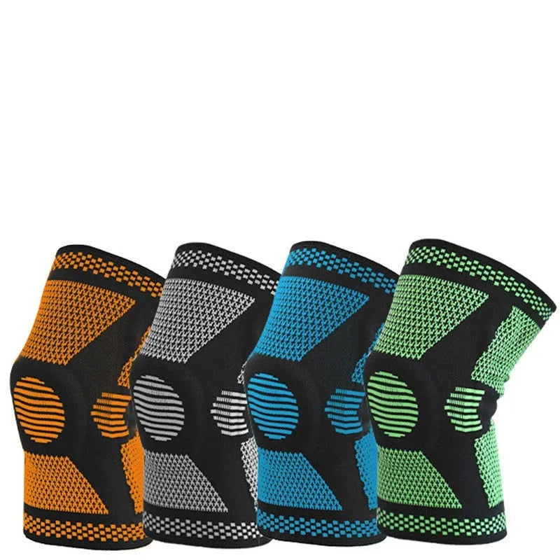 Sports Fitness Silicone Spring Knee Pads in polyamide with gel shock absorption for protection during gym workouts, cycling, and running, available in blue, green, orange, and white colours in L, M, and XL sizes