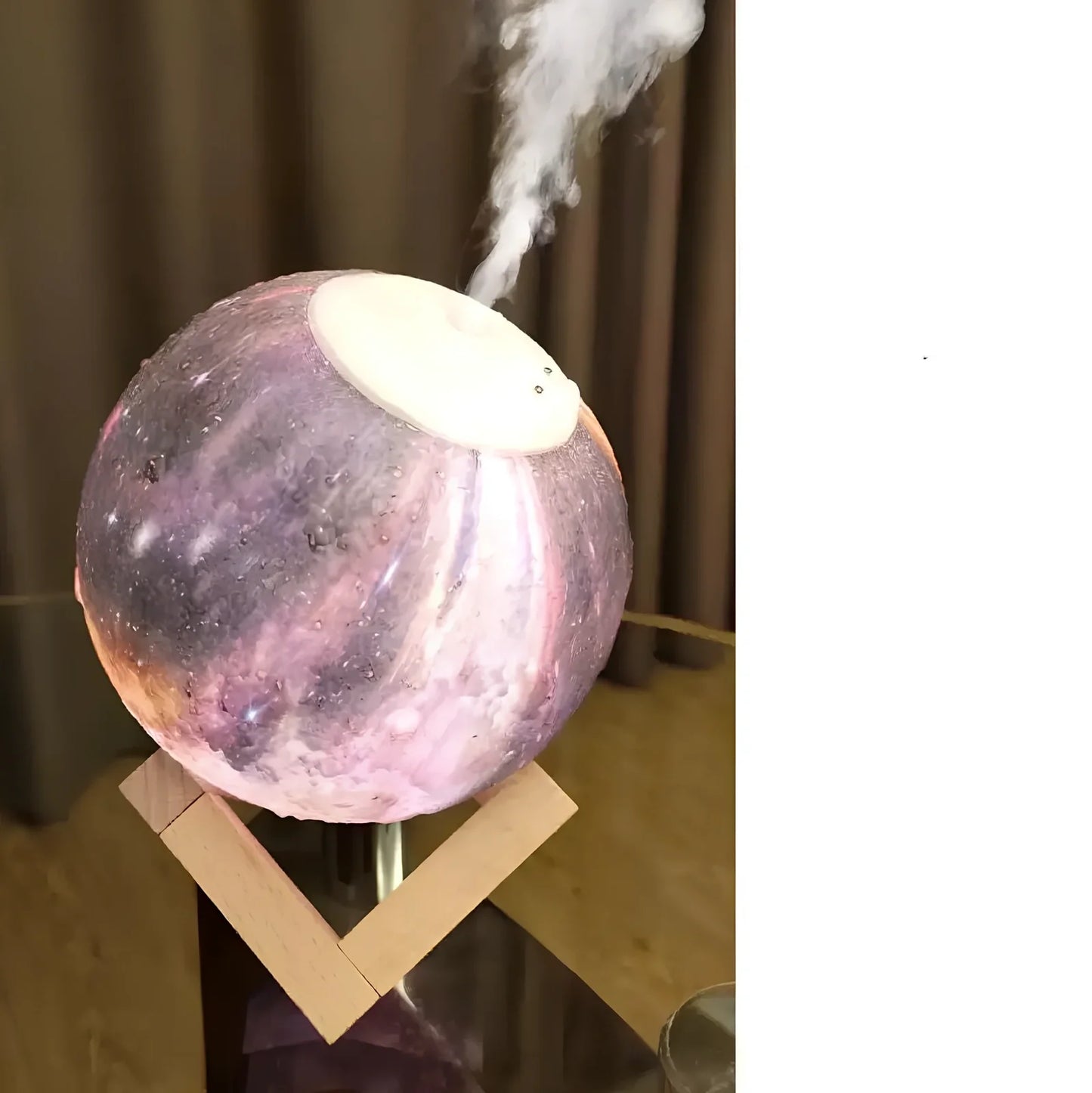 Wood finish spherical lunar humidifier night light with 13cm diameter and USB charging port