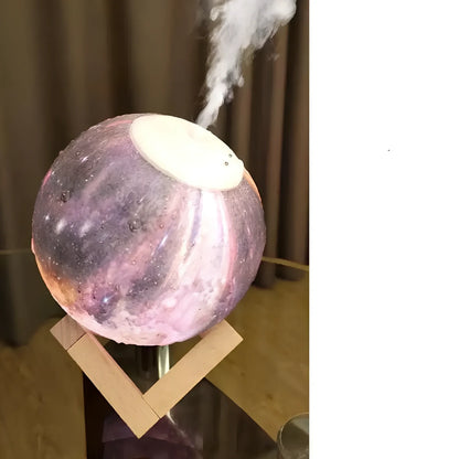 Wood finish spherical lunar humidifier night light with 13cm diameter and USB charging port