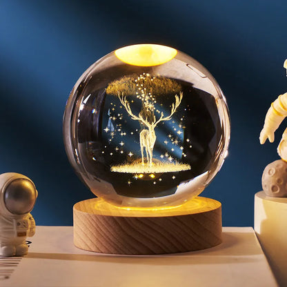 Crystal ball night light projecting 3D starry sky and planets with solid wood base